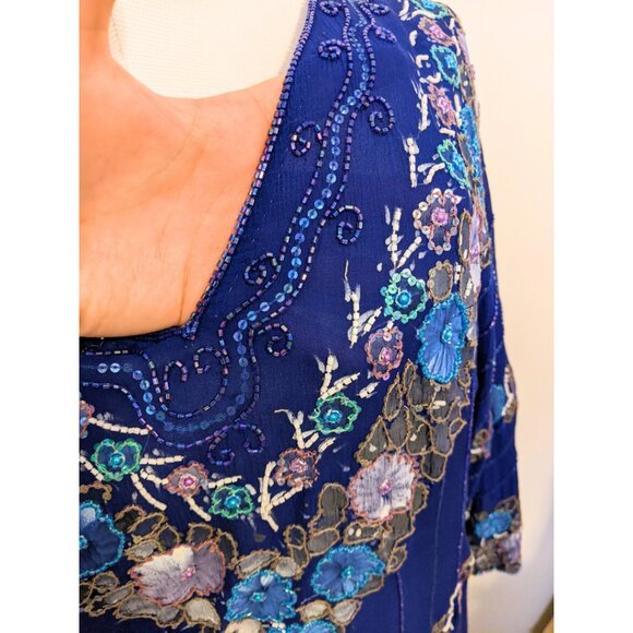 Vintage 70s Painted & Beaded Chiffon Dress from Germany Formal Prom Gown Sz L - Picture 16 of 16